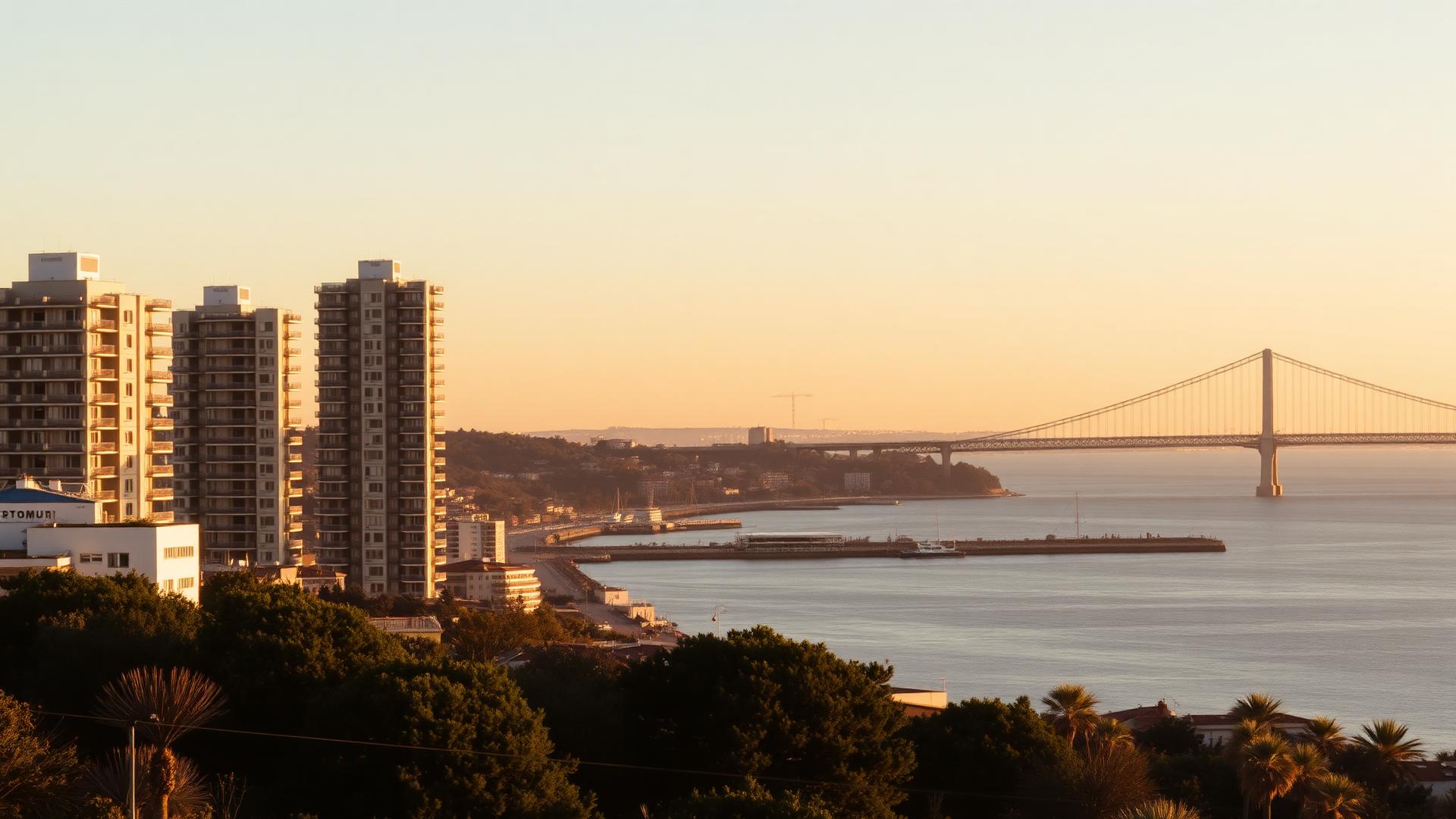 Lisbon skyline with modern corporate apartment buildings near Parque das Nações and the Vasco da Gama Bridge